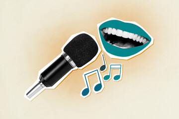 3D collage trend artwork composite sketch poster of mouth smile teeth microphone sing song nightclub rest occasion weekend entertainment