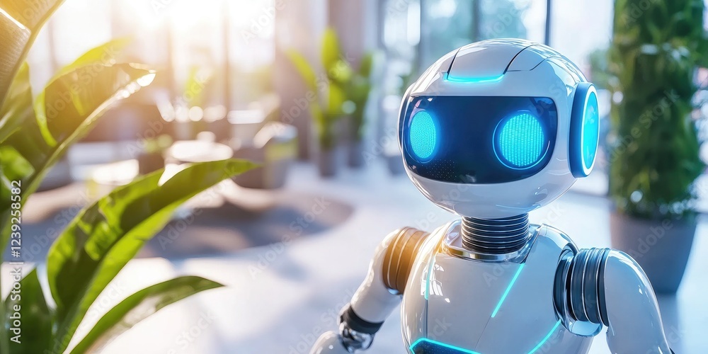 Poster science and robotics technology integration, showcasing a humanoid robot in a modern lab, neutral ba