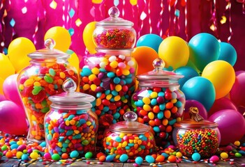 vibrant candy assortment showcased colorful containers bright hues playful perfect festive occasions, assorted, colors, sweets, treats, party, favors