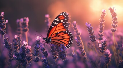 A vibrant orange butterfly rests on blooming lavender, illuminated by warm sunlight, creating a serene and enchanting nature scene.