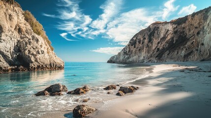 Serene Coastal Landscape with Rocks and Gentle Waves under Blue Sky