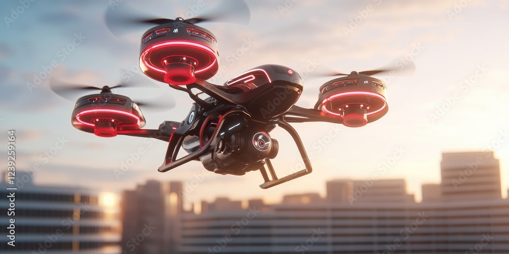 Aufkleber advanced robotics technology, portraying a drone equipped with ai sensors, open sky view, simple bac