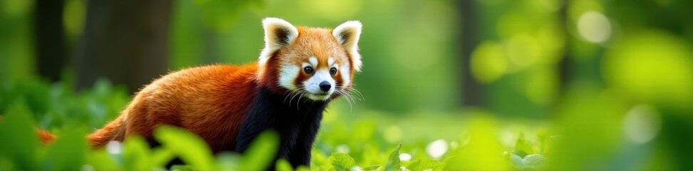 Fototapeta premium Red panda basking in sunlight amongst green foliage, Asia, cute
