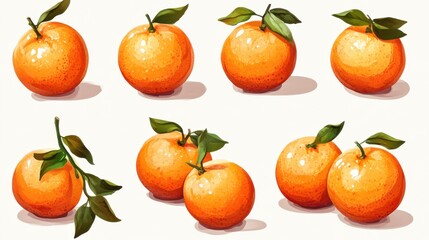 Various ripe oranges with leaves on white background showcasing different arrangements
