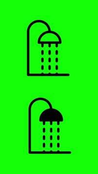 Ducha con gotas de agua animadas sobre fondo verde, dise&ntilde;o simple y moderno