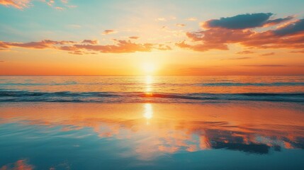 Fototapeta premium Serene Sunset Over Calm Ocean with Reflection and Vibrant Clouds
