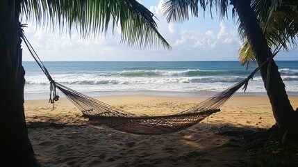 Tranquil Beach Scene with Hammock Between Palm Trees by Shoreline
