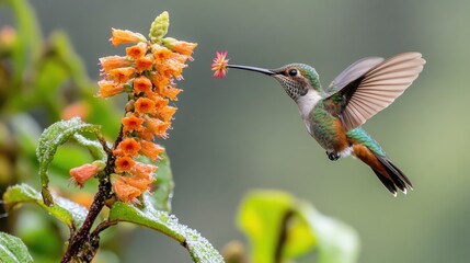 Obraz premium Hummingbird feeding on orange flower, rainforest background, nature photography