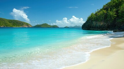 Fototapeta premium Tranquil Beach with Turquoise Water and Lush Green Hills