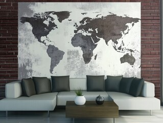  World map on the wall in a modern interior.