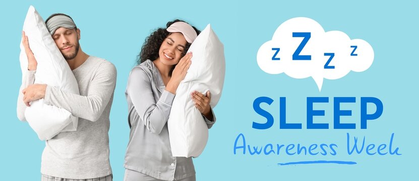 Banner for Sleep Awareness Week with young couple in pajamas, with masks and soft pillows