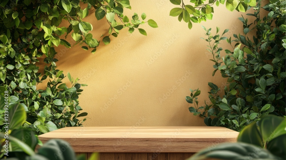 Poster a wooden podium stands ready for use amidst vibrant green foliage in a bright, spring setting. this 