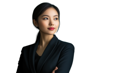 Confident asian businesswoman looking up with crossed arms on transparent background