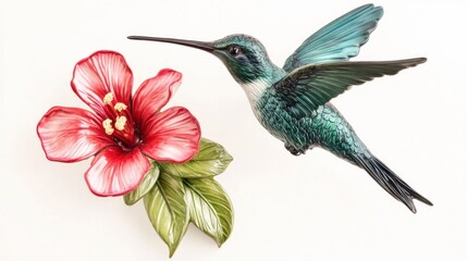 Naklejka premium Hummingbird hovering near hibiscus flower, white background