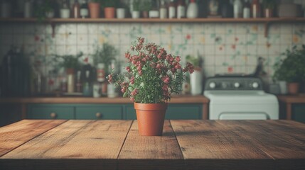 Rustic kitchen, potted plant, wooden table, herb background, food blog
