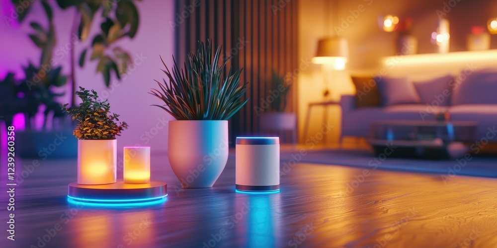 Poster Science and robotics technology, illustrating a smart home with AI-controlled devices, calm domestic setting