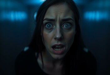 Terrified female in dimly lit room