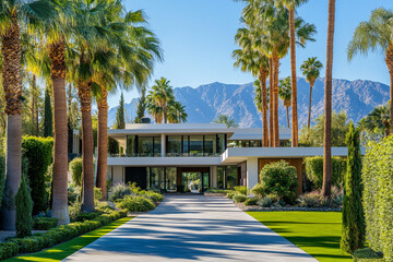 Luxury modern house surrounded by palm trees and mountains in a sunny environment