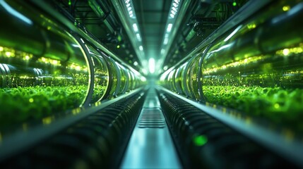 Futuristic hydroponic farm with lush green plants in tubes and bright led lighting