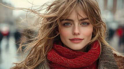 Young woman with flowing hair smiles warmly in a bustling city during chilly weather