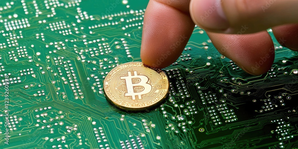 Leinwandbilder a hand placing a physical bitcoin on a digital circuit board, merging the physical and digital world