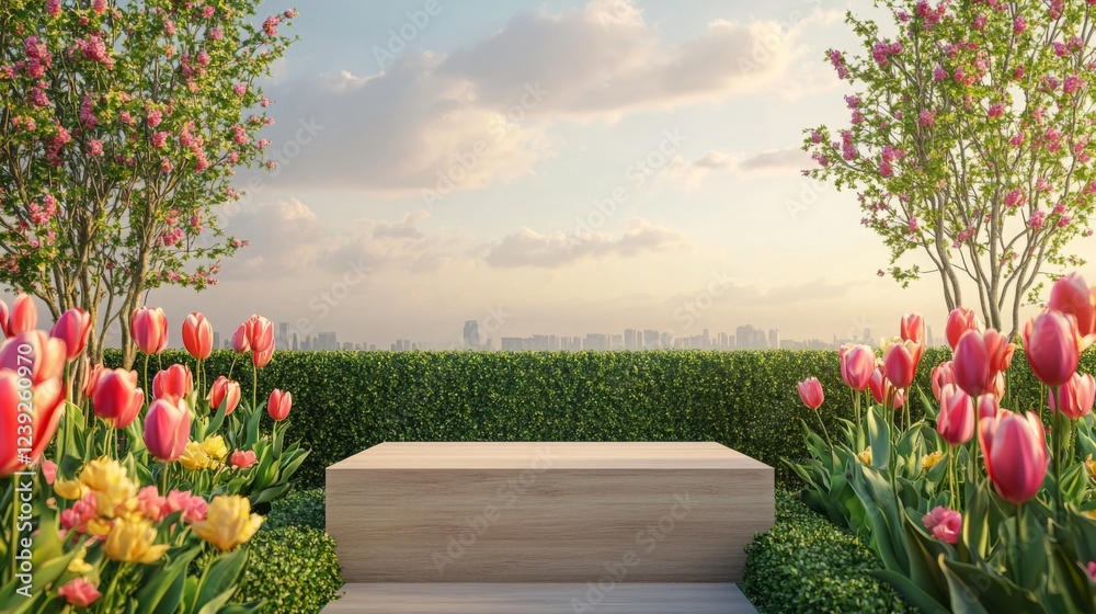 Poster a serene spring setting features a wooden podium embraced by colorful tulips and blossoming trees. t