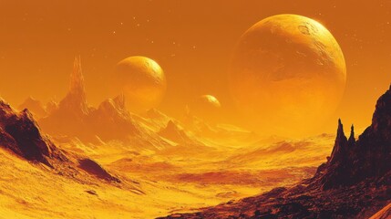 Surreal alien landscape with multiple planets in a starry sky