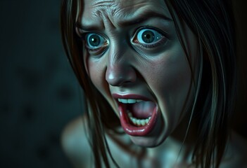 Terrified female portrait with pale complexion and wide-open eyes