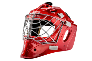Isolated Detailed Red Hockey Goalie Mask with Silver Cage