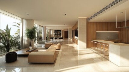 Fototapeta premium Luxurious modern living room and kitchen with natural light and elegant decor