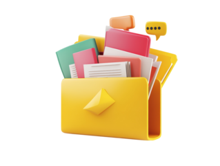 Isolated Yellow File Folder with Colorful Documents and Speech Bubbles
