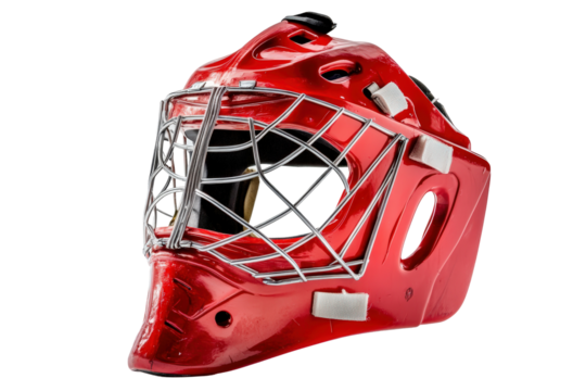 Isolated Detailed Red Hockey Goalie Mask with Silver Cage - Powered by Adobe