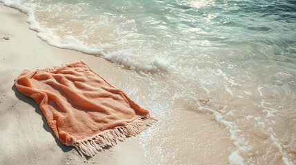 Obraz premium Soft Orange Towel on Sandy Beach with Gentle Waves and Sunlight