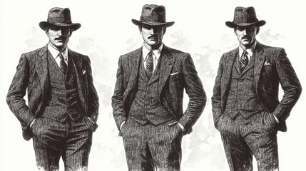 Three vintage men in suits and hats: classic 1920s fashion illustration