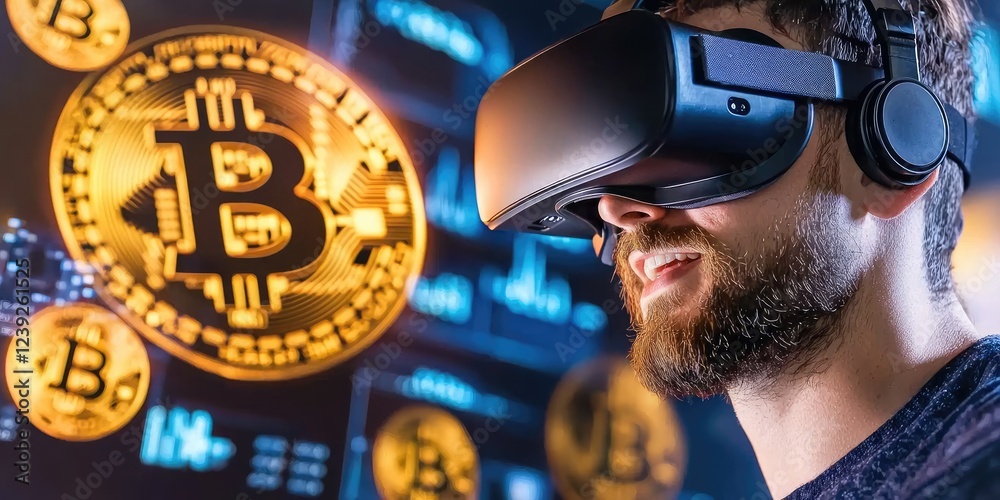 Fototapete Virtual reality headset user exploring a virtual marketplace filled with cryptocurrencies and blockchain symbols