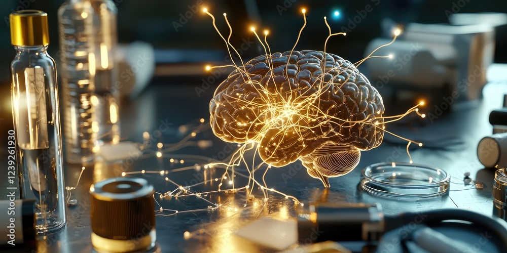 Poster a brain map with neural pathways and connections highlighted, surrounded by research tools