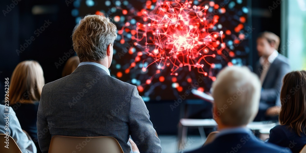 Poster Visualization of neural activity patterns illustrated on a large screen during neuroscience research discussion