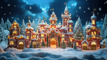 Festive gingerbread castle with snow and lights surrounded by decorated trees in winter wonderland