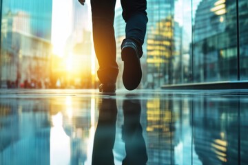 Confident Man Walking in Urban Reflection at Sunset