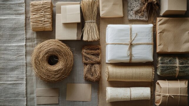Natural fibers and eco friendly materials are showcasing innovative production methods for sustainable packaging, emphasizing environmentally conscious practices in a flat lay arrangement