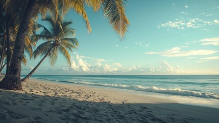 Fototapeta premium Serene Tropical Beach With Palm Trees and Gentle Ocean Waves