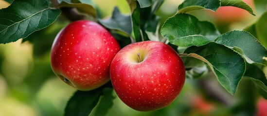 Juicy Red Apples Hanging on Branch