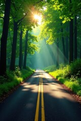 Obraz premium Sun-dappled asphalt ribbon cuts through emerald forest canopy , autumn, serene