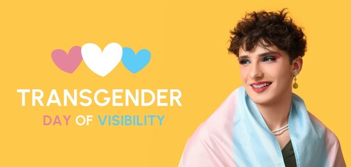 Banner for Transgender Day of Visibility with young transgender woman with flag