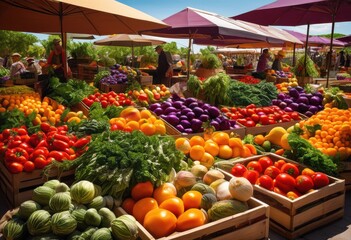 vibrant display fresh produce arranged creative eye catching settings featuring colorful variety fruits vegetables, arrangement, organic, baskets, market