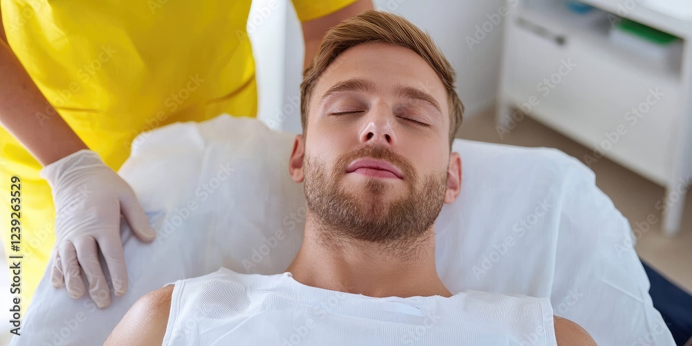 Poster a healthcare worker in a serious expression administering first aid in a simulated emergency, with n