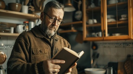 A man in a brown jacket is reading a book in a kitchen. The scene is cozy and intimate, with the man's focus on the book in his hands. The kitchen is well-equipped with various items such as cups