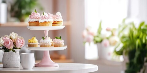 Obraz premium A Delightful Display of Colorful Cupcakes on a Stylish Stand with Fresh Flowers in a Bright, Modern Bakery Setting