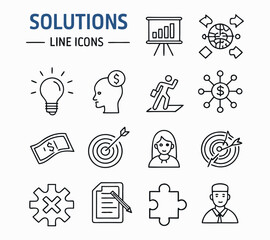 Solution thin line icon vector set. Containing problem solving, light bulb, idea, strategy, creativity, innovation, meeting, teamwork, connecting, management, puzzle, creative, invention,
