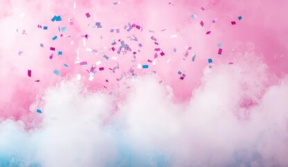 Obraz premium Colorful Confetti Falling Over Pink and Blue Smoke Background